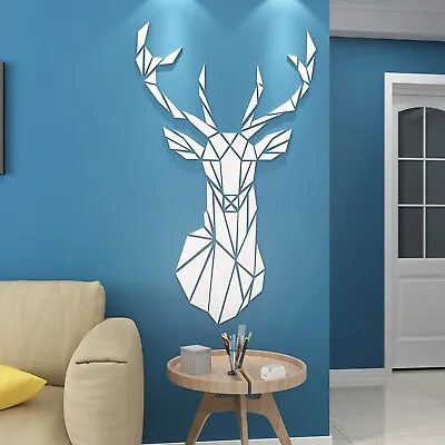 Deer 3D Mirror Acrylic Self Adhesive DIY MultiRoom Decal Wall Sticker 72x43CM • £10.99
