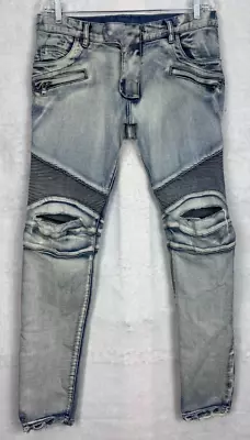 BALMAIN PARIS Mens 33x30 Distressed Denim Moto Biker Jeans Blue Made In Italy • $170.99