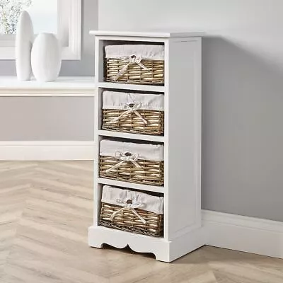 White Wooden Storage Unit 4 Drawer Chest Water Hyacinth Basket Hallway Organiser • £49.99