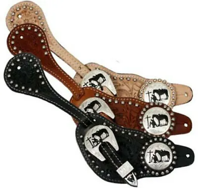 Showman SPUR STRAPS Mens FLORAL Tooled Leather Silver Engraved PRAYING COWBOY • $27.95