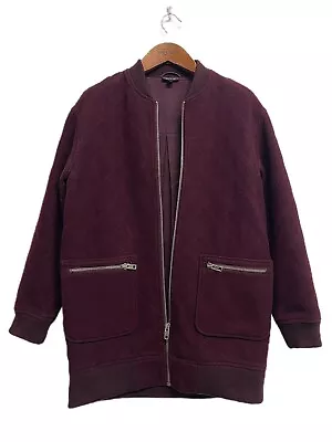 Long Wool Oversized Cocoon Bomber Jacket Coat Burgundy Aubergine UK10/12 • £34.99