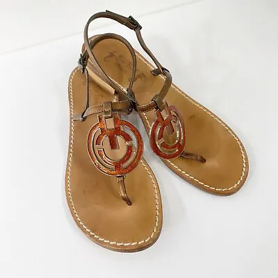 Miss Trish Of Capri Enamel Medallion Thong Sandals Metallic 40 Bronze Leather • $39.99