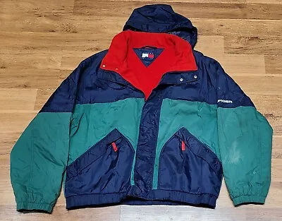 Mens Tommy Hilfiger Green Blue Red Color Hooded Jacket Coat Pockets Vtg Size XL • $38.95