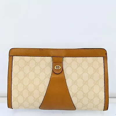 GUCCI Web Sherry Line Clutch Bag GG PVC Leather Brown  Blow Powder  C1486Y508 • $150