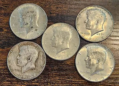 Lot Of 5 X 1965 Kennedy 40% Silver Half Dollars -  Average Circulated • $5.50