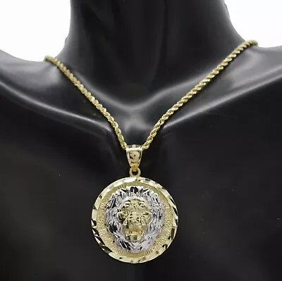 Real 10k Yellow Solid Gold Lion Head Medallion Pendant + Rope Chain 16 -24  • $256.39