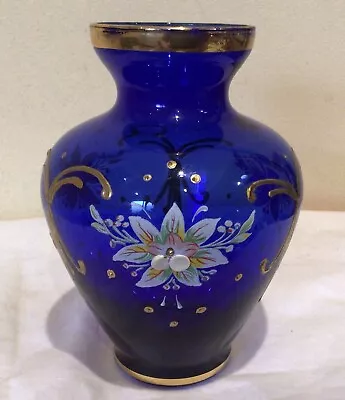 Vintage Bohemian Blue Cobalt Crystal Glass Vase 12.5 Cm • $25