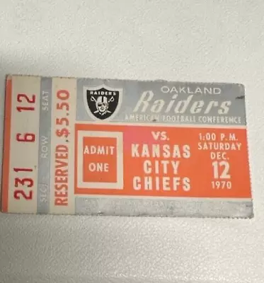 1970 Oakland Raiders - Kansas City Chiefs @ Oakland AFL 12/12/1970 Ticket Stub • $99