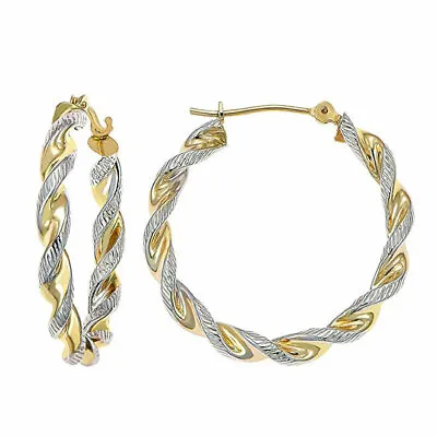 14K Real Solid Gold Two-tone Gold Twisted Rope Round Chunky Creole Hoop Earrings • $129.50