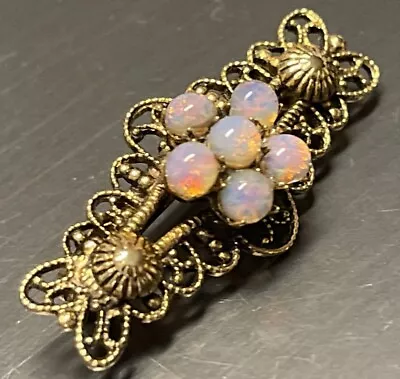 Vintage Czech Dragon Breath Filigree Gilt Brooch Foil Glass Cabochon Faux Opal • $48.40