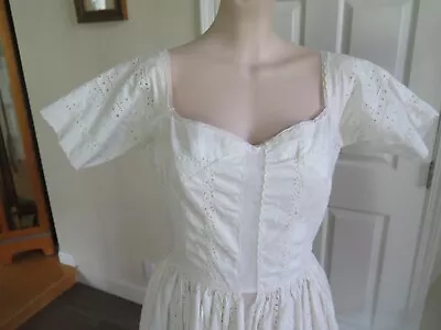 Vintage White Eyelet And Lace Netting Full Skirt Dress S B34 • $29.99