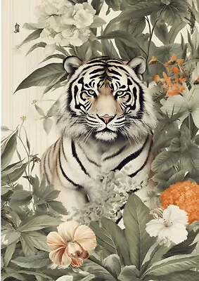 Tropical Tiger Print Wall Art Poster Flowers Home Decor Neutral Colour Animals • £3.99