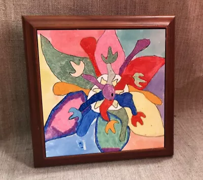 Wood Framed Ceramic Tile Trivet Picture Abstract Image In Vibrant Colors Vintage • $19.50