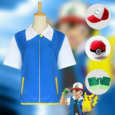£17.59 • Buy Kids Pokemon Ash Ketchum Trainer Costume Cosplay Shirt Jacket + Gloves + Hat UK