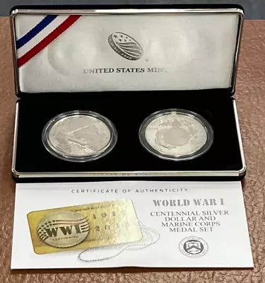 2018 World War I Centennial Silver Dollar And Marine Corps Medal Set W/COA & OGP • $139.95