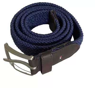 Tommy Hilfiger Stretch Belt Blue Braided Rope Brown Leather Trim Size L (40-42) • $26