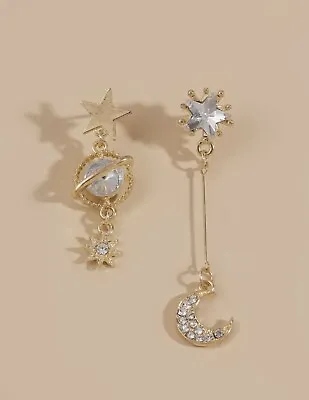 Moon And Stars Drop Earrings Faux Gold Earrings With Rhinestones • $10.95