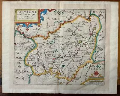 CARMARTHENSHIRE WALES 1637ca KIP & SAXTON UNUSUAL ANTIQUE COPPER ENGRAVED MAP • £15.83