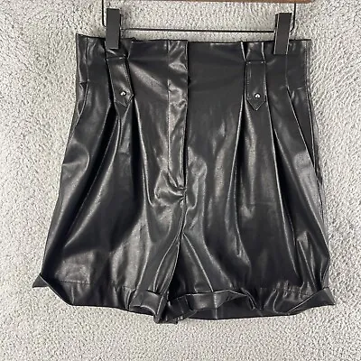 $19.20 • Buy Zara Womens Shorts Medium Black High Rise Faux Leather Zip Pockets Belt Shine