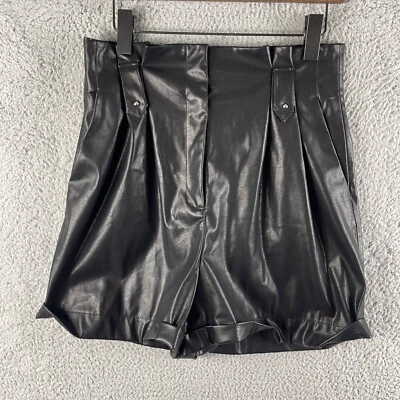 Zara Womens Shorts Medium Black High Rise Faux Leather Zip Pockets Belt Shine • $3.86