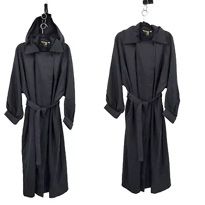 Vintage Nylon Hooded Belted Trench Raincoat M Black Witchcore Gobblincore • $150