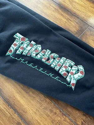 Vintage Thrasher Magazine Sweatpants Medium Rose Thorn Spellout Skater Y2K Black • $99