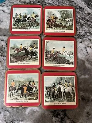 PIMPERNEL Vintage ENGLISH FOX HUNT RED Cork Backed COASTERS 6PC Horses Hounds • $10