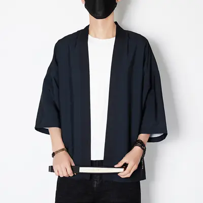 Plain Men Kimono Jacket Coat Cardigan Outwear Retro Japanese Yukata Haori Black • £17.66