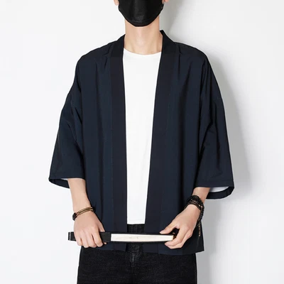 Plain Men Kimono Jacket Coat Cardigan Outwear Retro Japanese Yukata Haori Black • £17.66