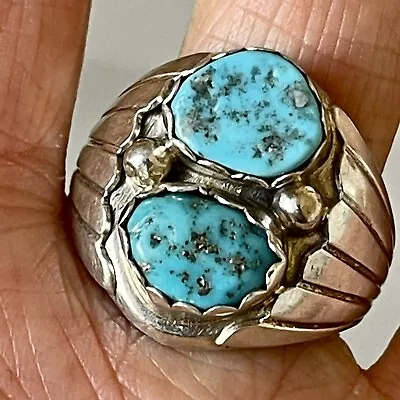 Two Stone Navajo Mens Turquoise Ring Sz 12 Sterling Signed Fans 20g Nugget Band • $182.94