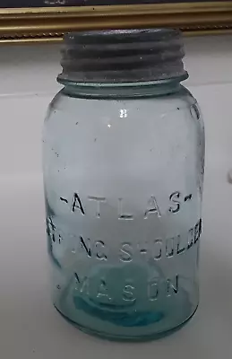 Vintage Atlas Strong Shoulder Mason  Aqua Blue  Quart Jar W/Atlas Zinc Lid • $6