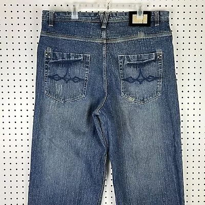 Southpole Wide Leg Jeans Skate Baggy Patches Stitched Blue Gold Street Sz 40x34 • $41.29