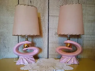 Vtg 1950s MCM Atomic Table Lamp Set Pink Gold Ceramic Matching Fiberglass Shades • $375