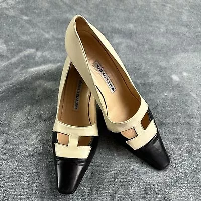 Manolo Blahnik Calf Leather Beige And Black Pumps Size 39.5 • $100