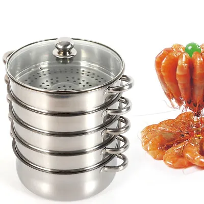 5 Tier Pan Cook Pot With Glass Lid Stainless Steel Steam Cooker Steamer Set USA • $46