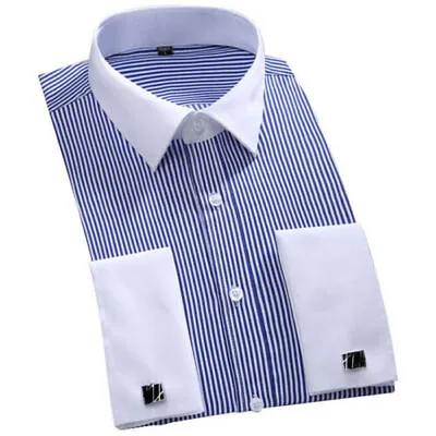 Mens Luxury Long Sleeves French Cuff Casual Dress Shirts Striped Business Shirts • $13.88