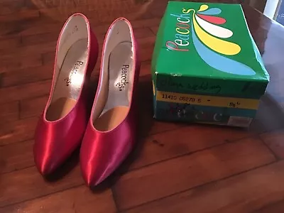 Vintage Red Satin Peacocks Dyeable Heels Shoes 8 1/2 With Box- Made In USA Retro • $20