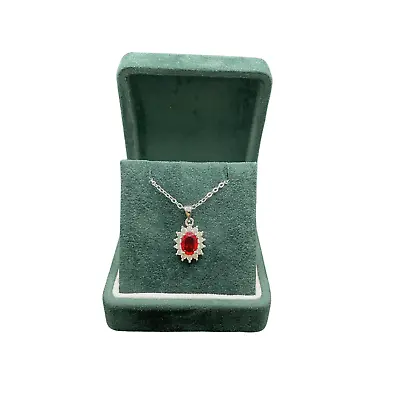 White Gold Finish Created Diamond Red Ruby Oval Cut Star Design Necklace • £39.99