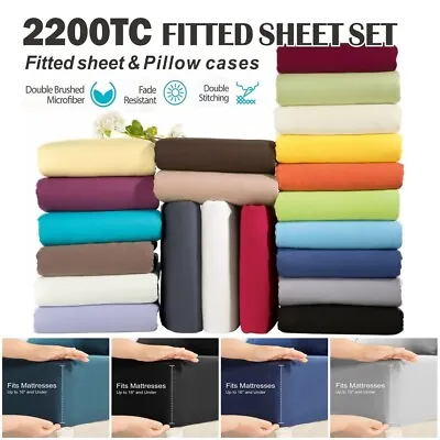 Hotel 2200TC Soft Fitted Sheet Pillow Cases Bed Set King Single Double Queen Bed • $23.49