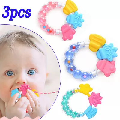 3× Baby Teething Ring Toddler Sensory Silicone Chew Toy Shake Bell Set BPA Free • £4.99