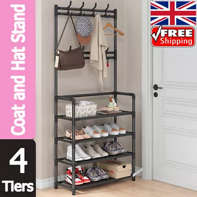 8 Hooks Clothes Coat And Hat Display Stand Shelf Hanger 4 Tier Metal Shoe Rack • £14.99