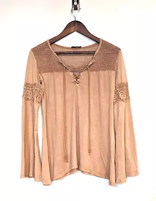 T Party Scoop Neck Tied Shirt Blouse Flare Arm Stretch SZ S Brown Lace Boho A68 • $17.99