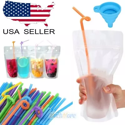 $15.71 • Buy 100PCS Drink Pouches Bags Stand-Up Zipper W/ Straws&Funnel For Cold & Hot Drinks