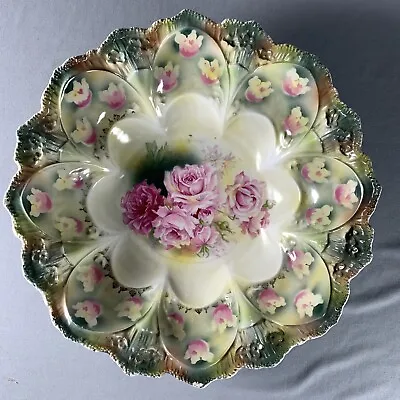 RS Prussia Bowl Crimped Edging Tulips Roses Green Yellow Pink • $64.99