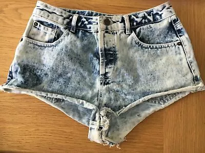 Topshop Uk10 W28 Blue Acid Wash Denim Hot Pants Shorts Button Fly High Waist • £14.99