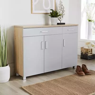 Large Grey Oak Wide Shoe Cabinet 3 Door 2 Drawer Cupboard Unit BSeconds • £79.99