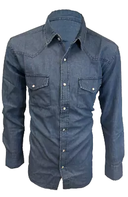 Mens Denim Western Shirt Light Blue Wash Cotton Pearl Snap Up Buttons 2 Pockets • $22.50