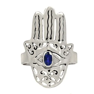 Hamsa Hand - Treated Sapphire - India 925 Silver Ring Jewelry S.7.5 CR35412 • £9.64