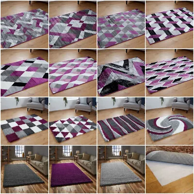 Large Living Room Rug Carpet Small XL Big Bedroom Rug Grey Purple  • £44.79