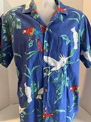Vintage Paradise Found Hawaiian Shirt Magnum PI Mens Large Blue Parrots Floral • $34.99
